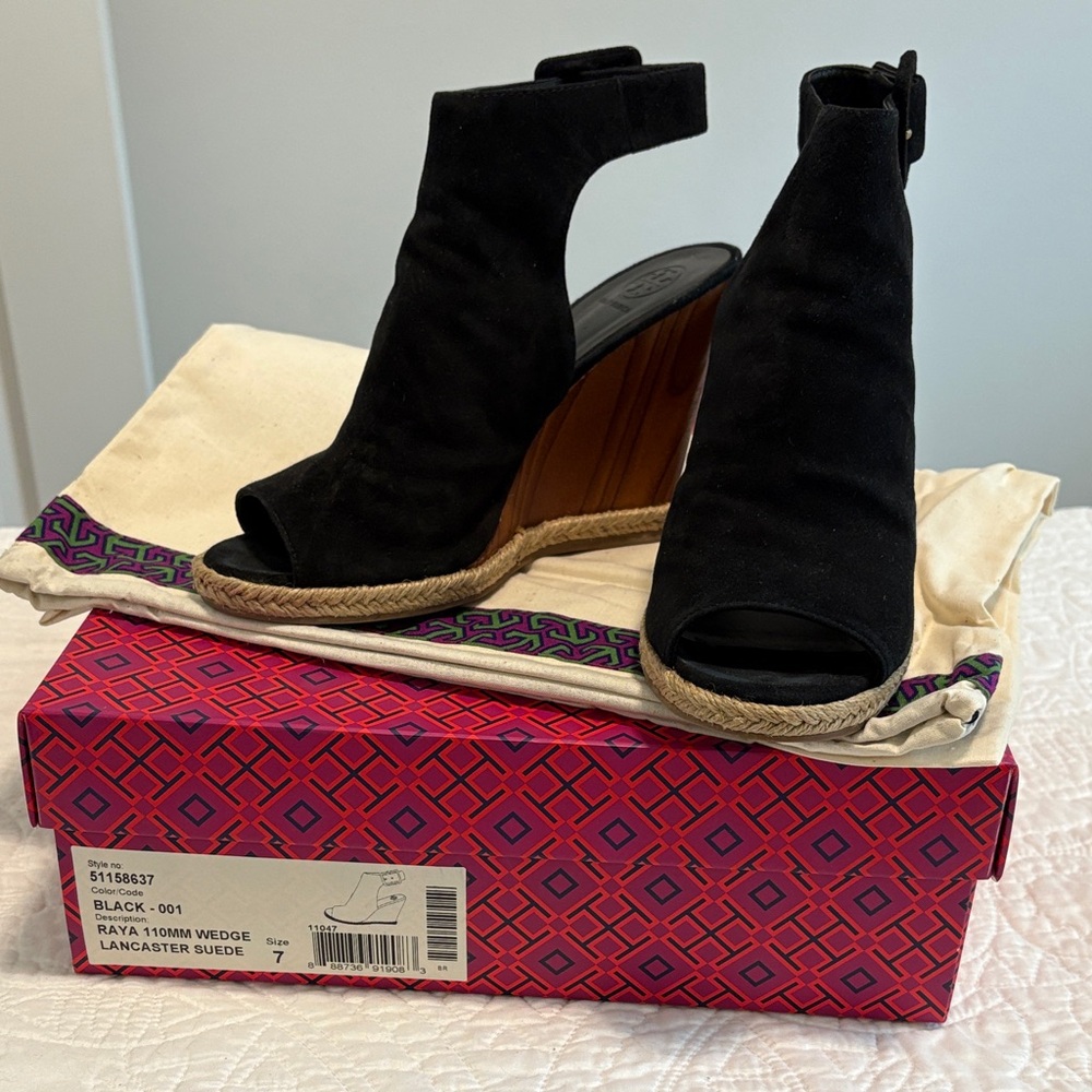 Tory Burch Raya Black Suede Wedge Sandals